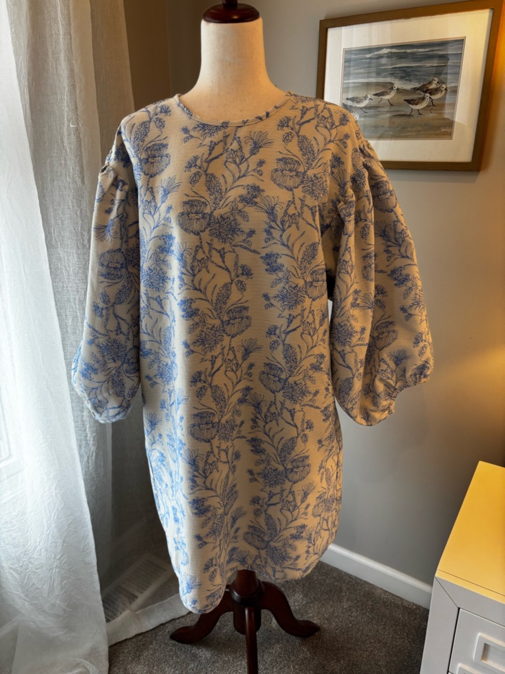 Blue Floral Puff Sleeve Tunic Dress